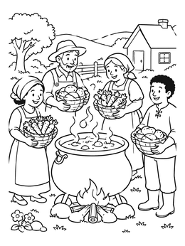 Free printable Villagers Cooking Stone Soup Outdoors coloring page