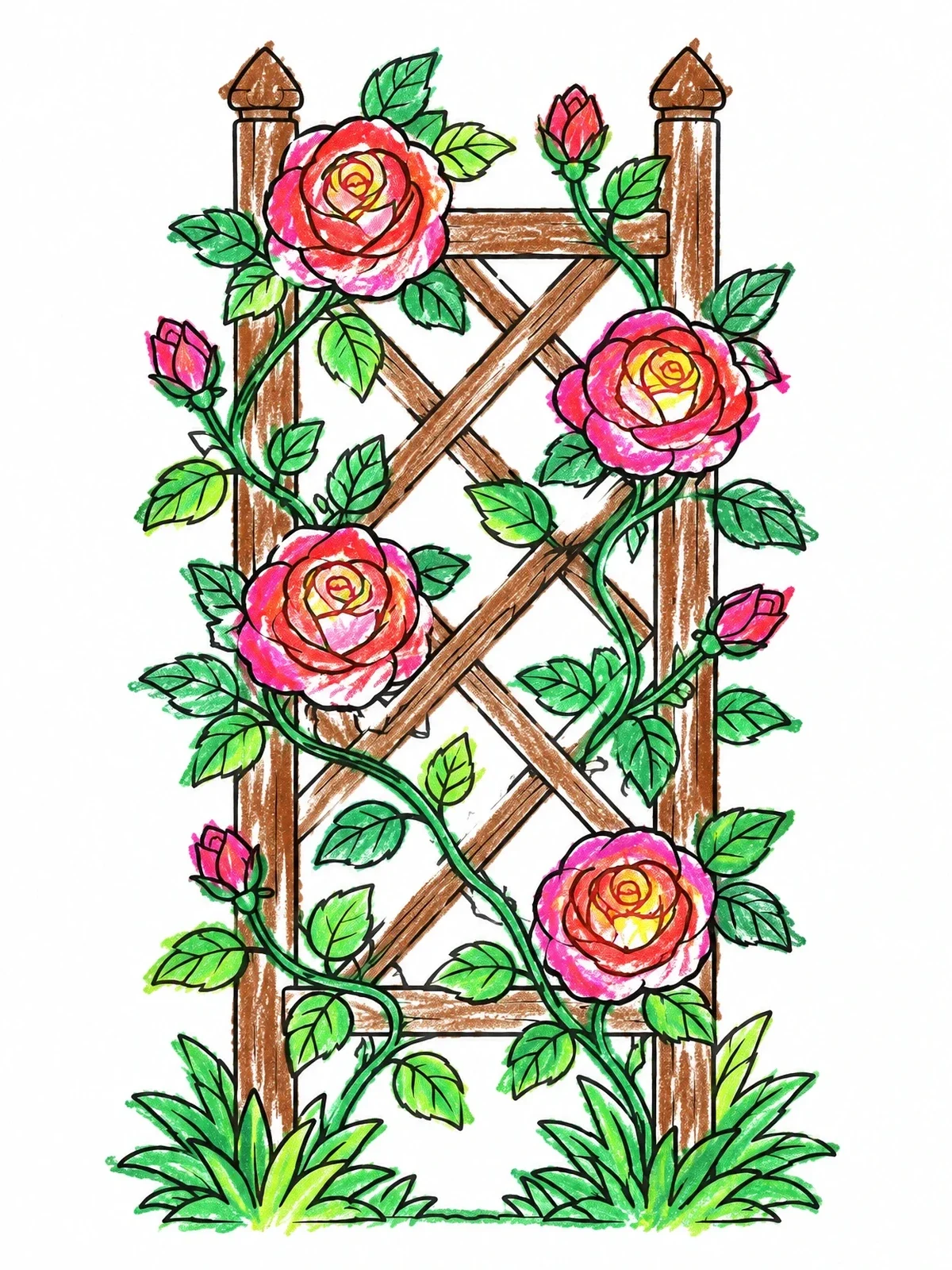 Colored example of the Blooming Roses On Garden Trellis coloring page