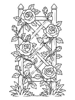 Free printable Blooming Roses On Garden Trellis coloring page
