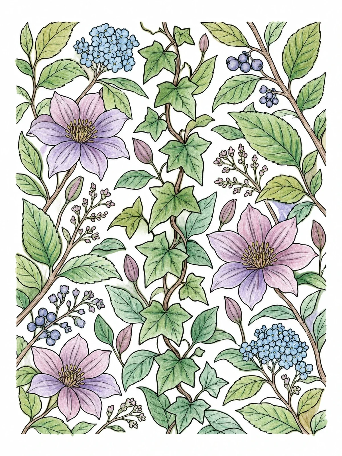 Colored example of the Botanical Climbing Ivy And Blossoms coloring page