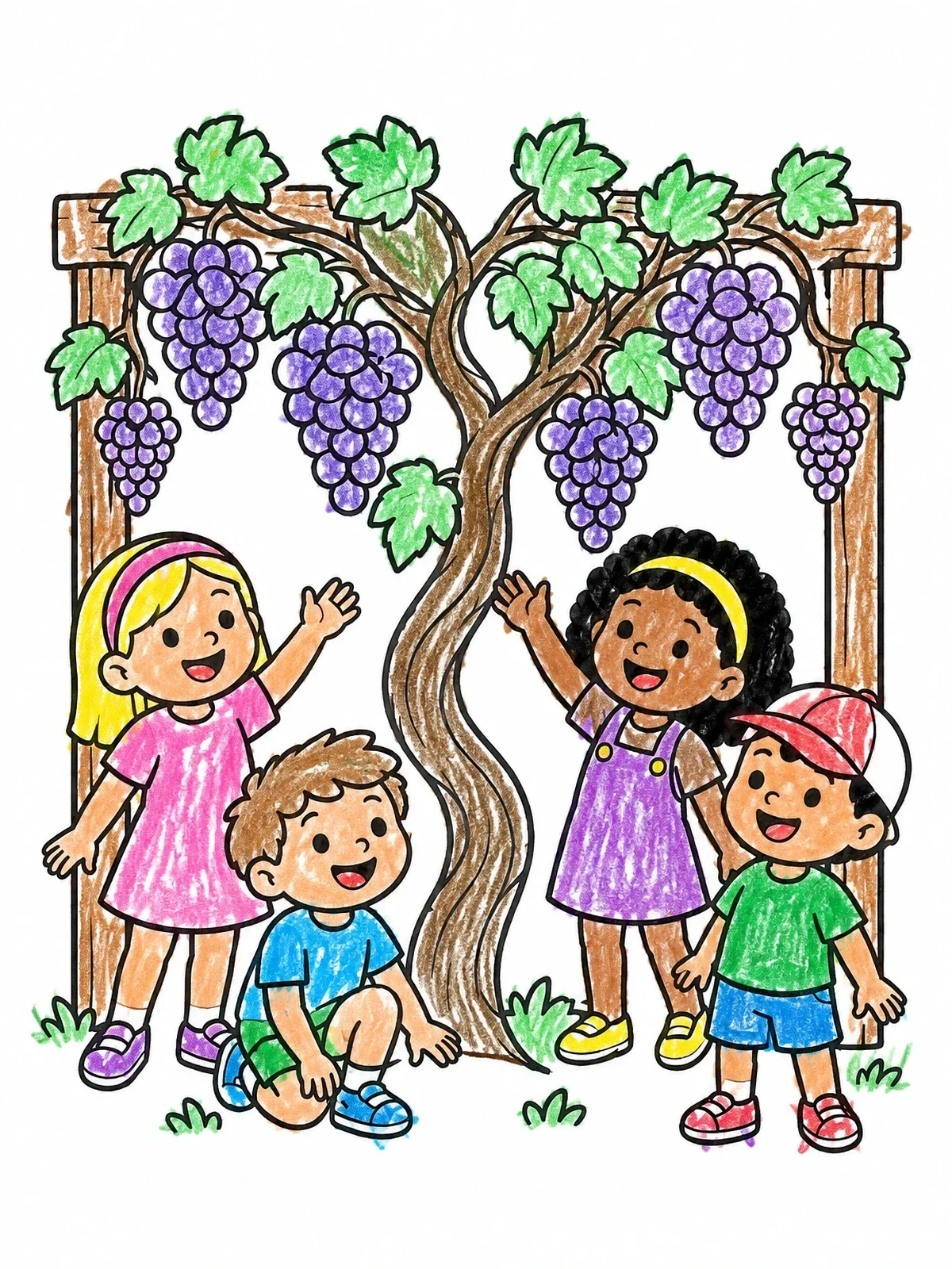 Colored example of the Children Under A Grapevine Arbor coloring page