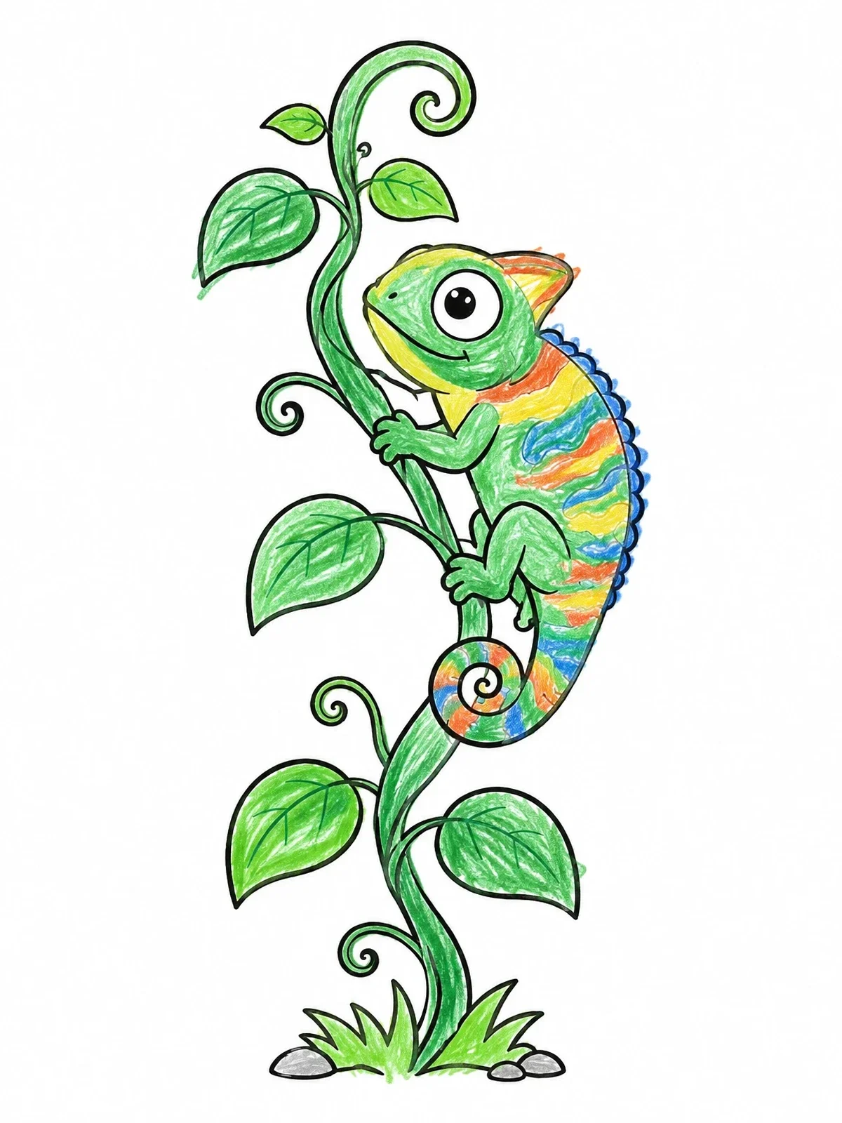 Colored example of the Cute Chameleon On Climbing Vine coloring page
