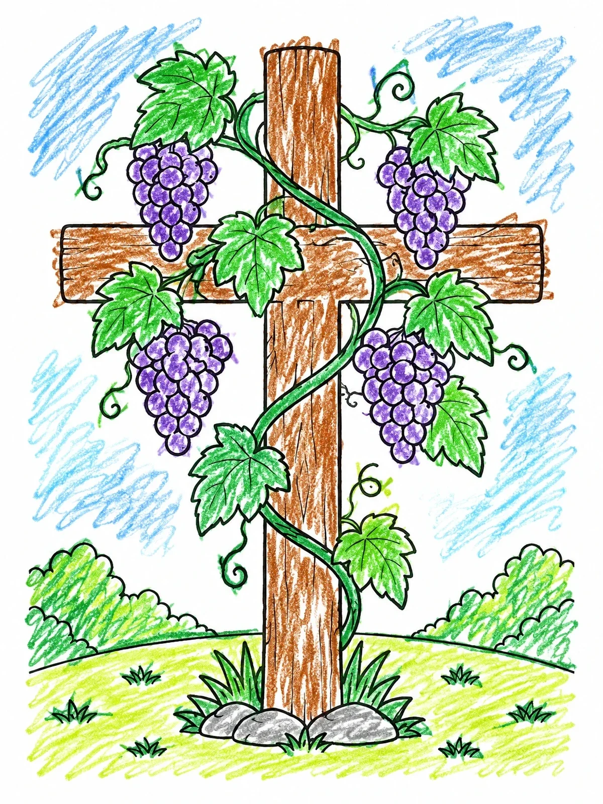 Colored example of the Grapevine Wrapped Around Wooden Cross coloring page