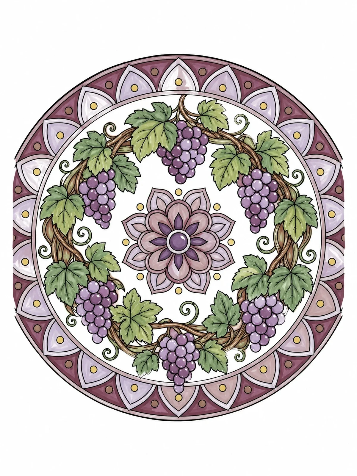 Colored example of the Grapevine Wreath Mandala coloring page