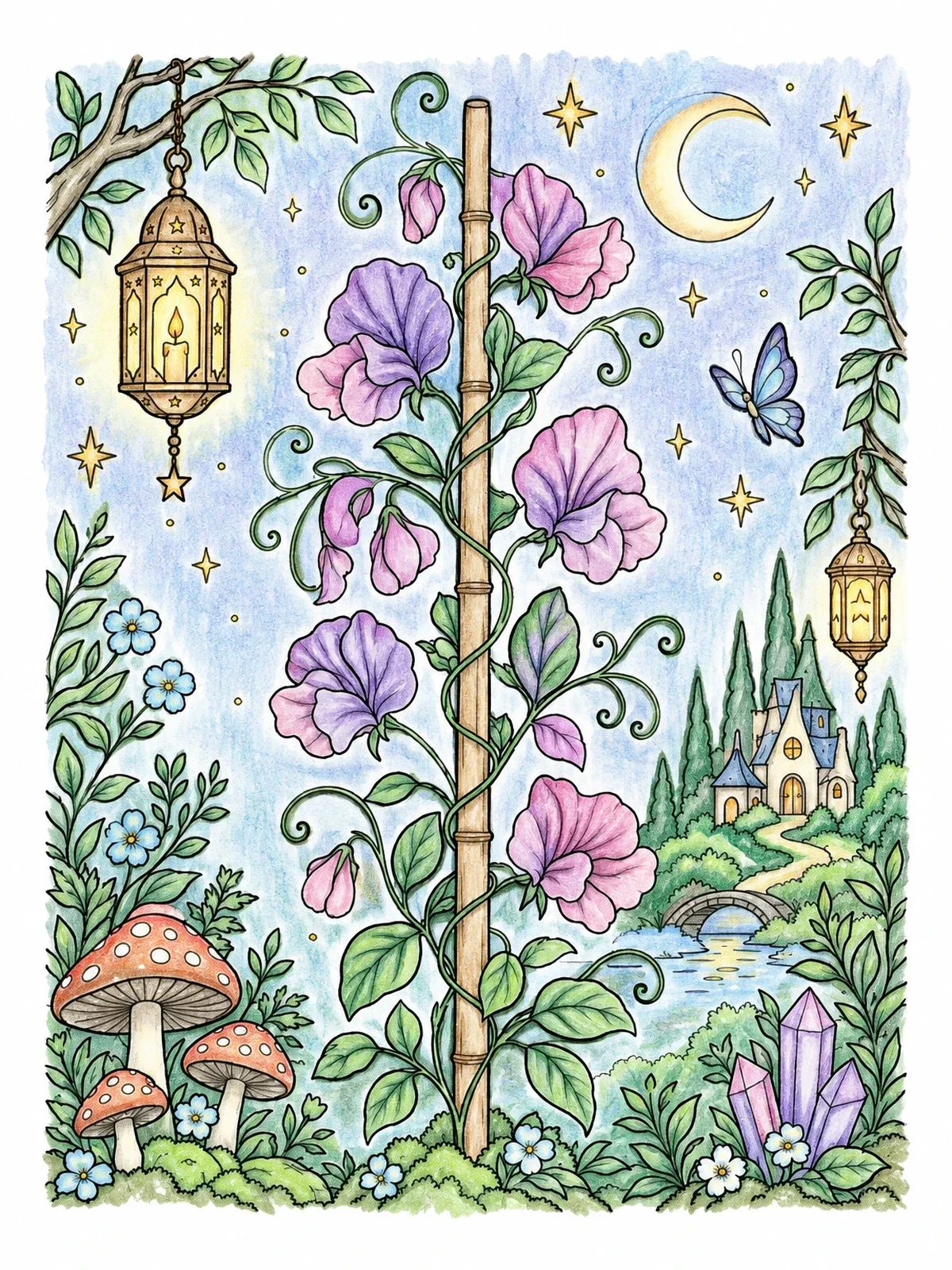 Colored example of the Sweet Pea Vine Under Moonlight coloring page