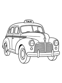 Vintage 1940s taxi coloring page featuring a curved retro cab with a roof sign.