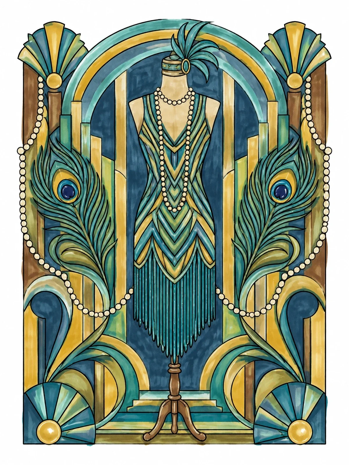 Colored example of the Art Deco Flapper Dress Display coloring page