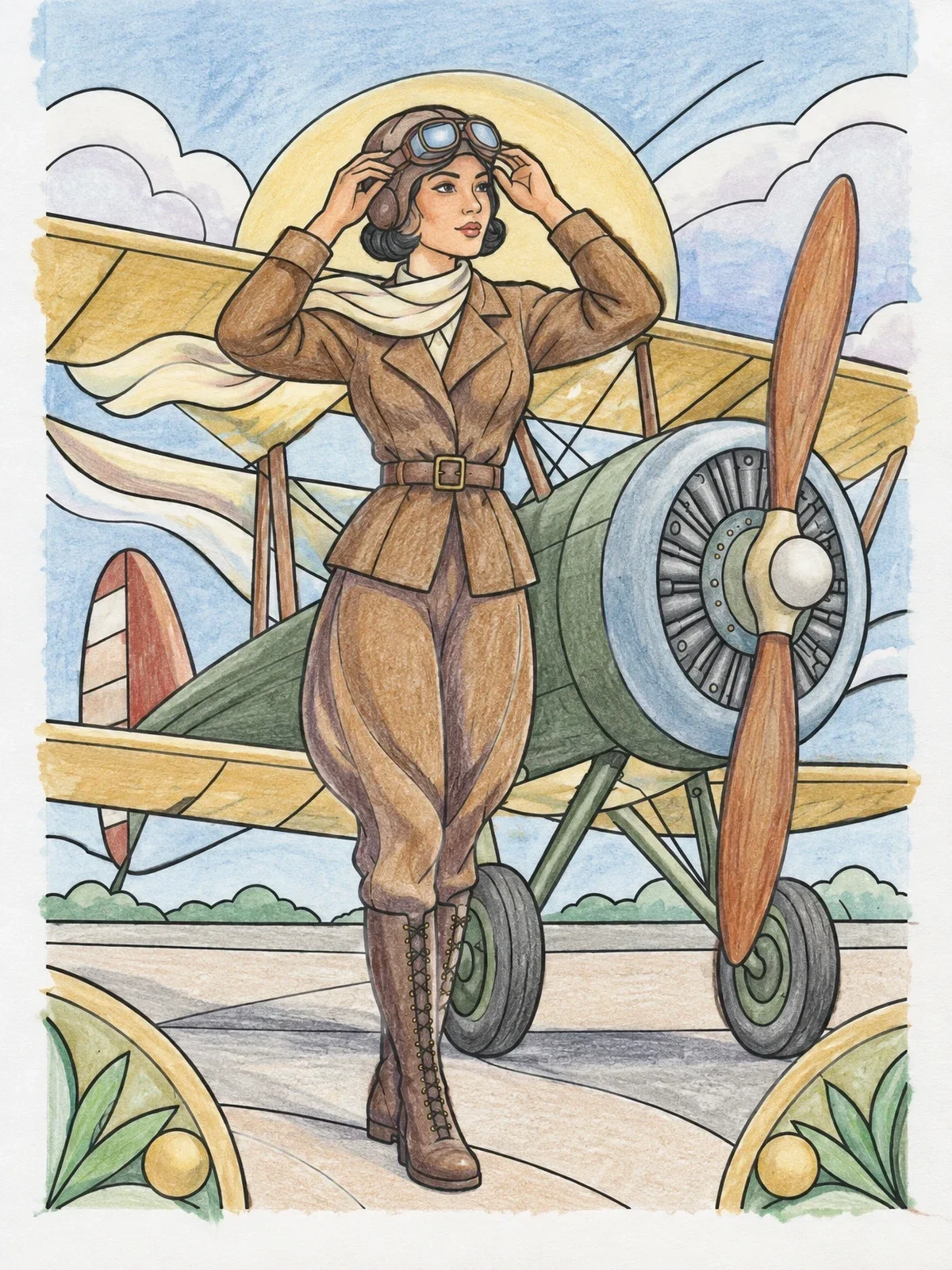 Colored example of the Vintage Asian American Aviator With Biplane coloring page
