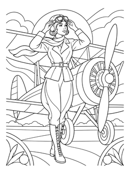 An asian pacific american heritage month coloring page showing a vintage female pilot adjusting goggles beside her biplane.