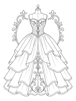 An ornate vintage ball gown displayed on a dressmaker form in this dress coloring page.
