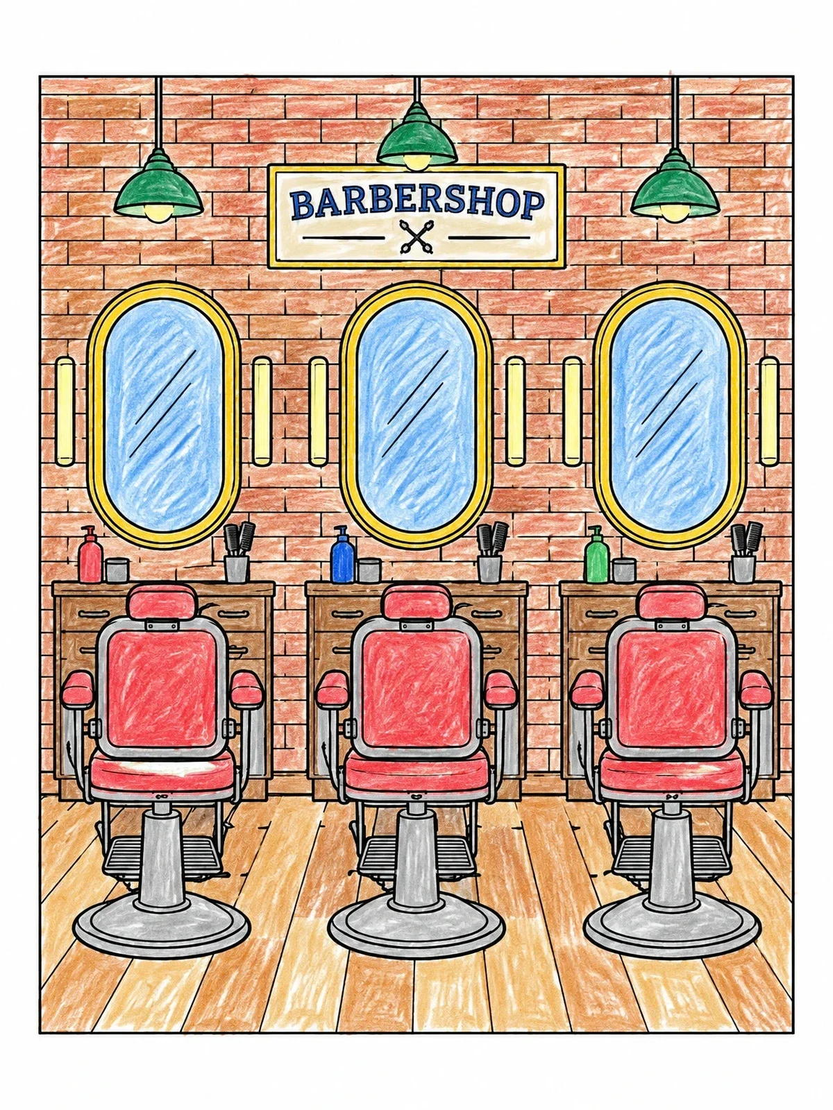 Colored example of the Vintage Barbershop Interior With Chairs coloring page