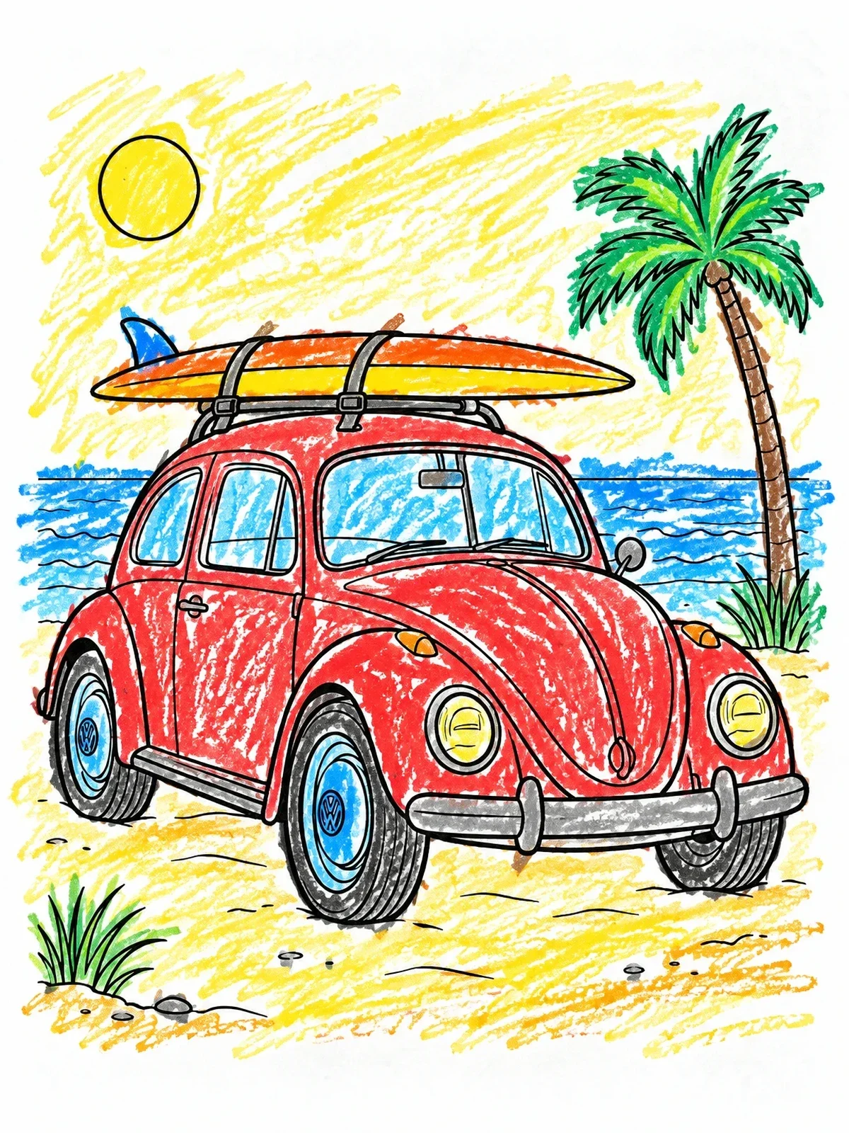 Colored example of the Vintage Beetle Car On The Beach coloring page