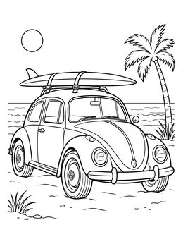 A vintage bug car parked at the ocean coast in this beetle coloring page.