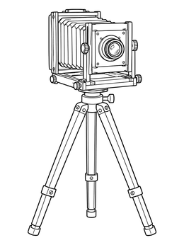 A vintage field camera coloring page resting securely on a sturdy three-legged tripod.