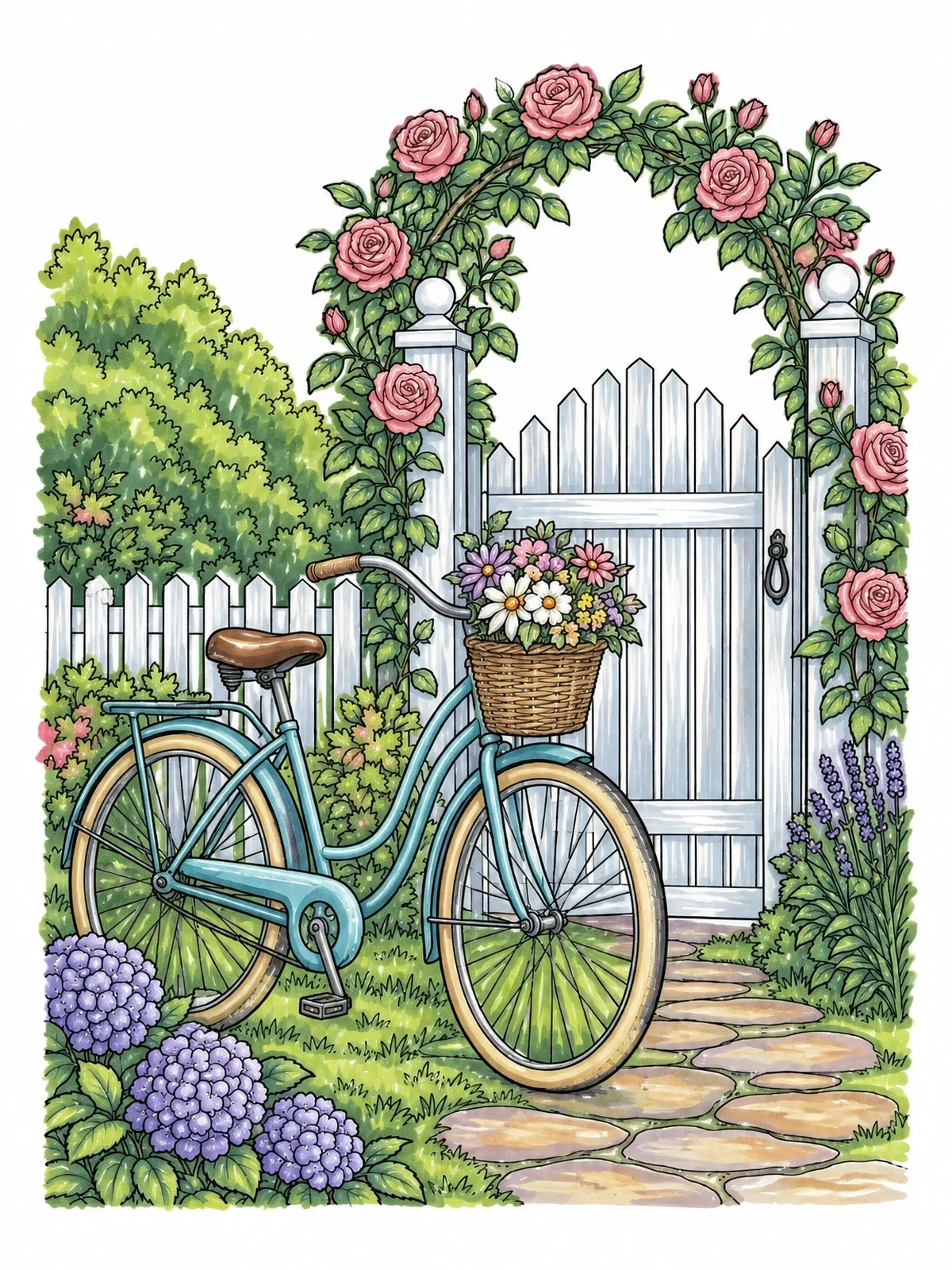 Colored example of the Vintage Bicycle By The Rose Garden Gate coloring page