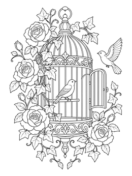 An ornate birdcage surrounded by flora on this roses coloring page.