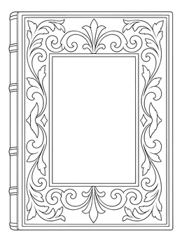 An ornate book cover coloring page featuring floral scrollwork around a central blank frame.