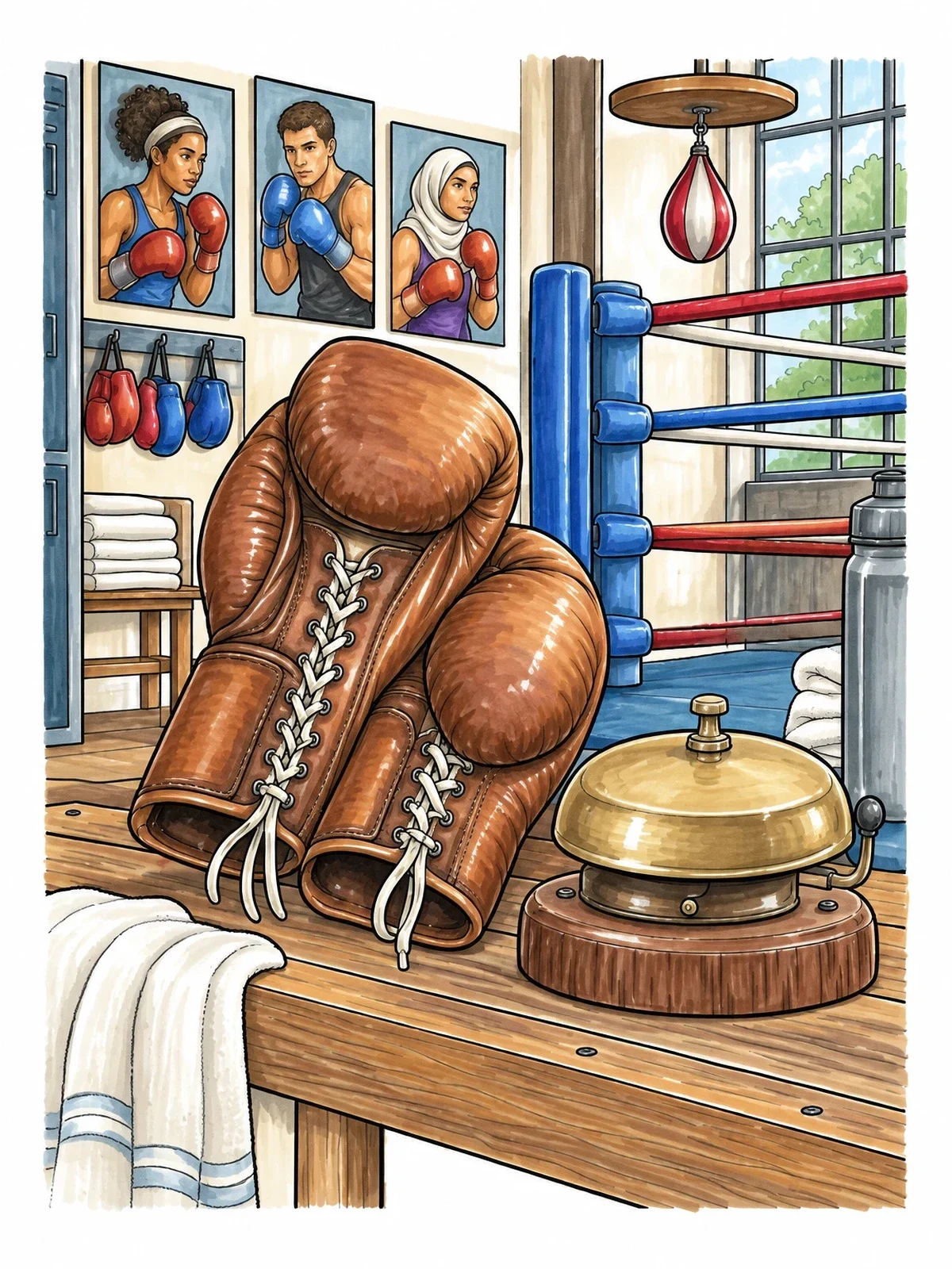 Colored example of the Vintage Boxing Gloves And Round Bell coloring page