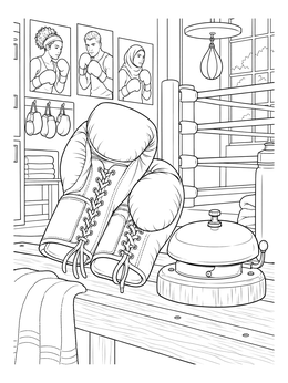 Lace-up gloves and a ringside bell sit on a wooden bench in this boxing coloring page.