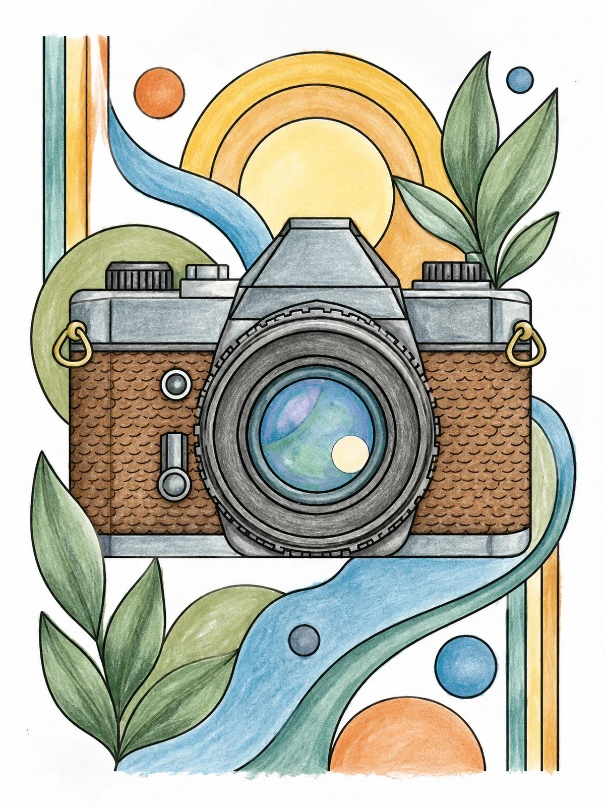 Colored example of the Vintage Camera With Botanical Patterns coloring page