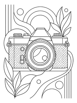 A vintage SLR camera coloring page with leaves and geometric background lines.