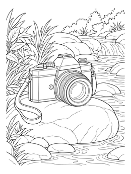 A vintage camera coloring page resting on a stone beside a flowing creek.