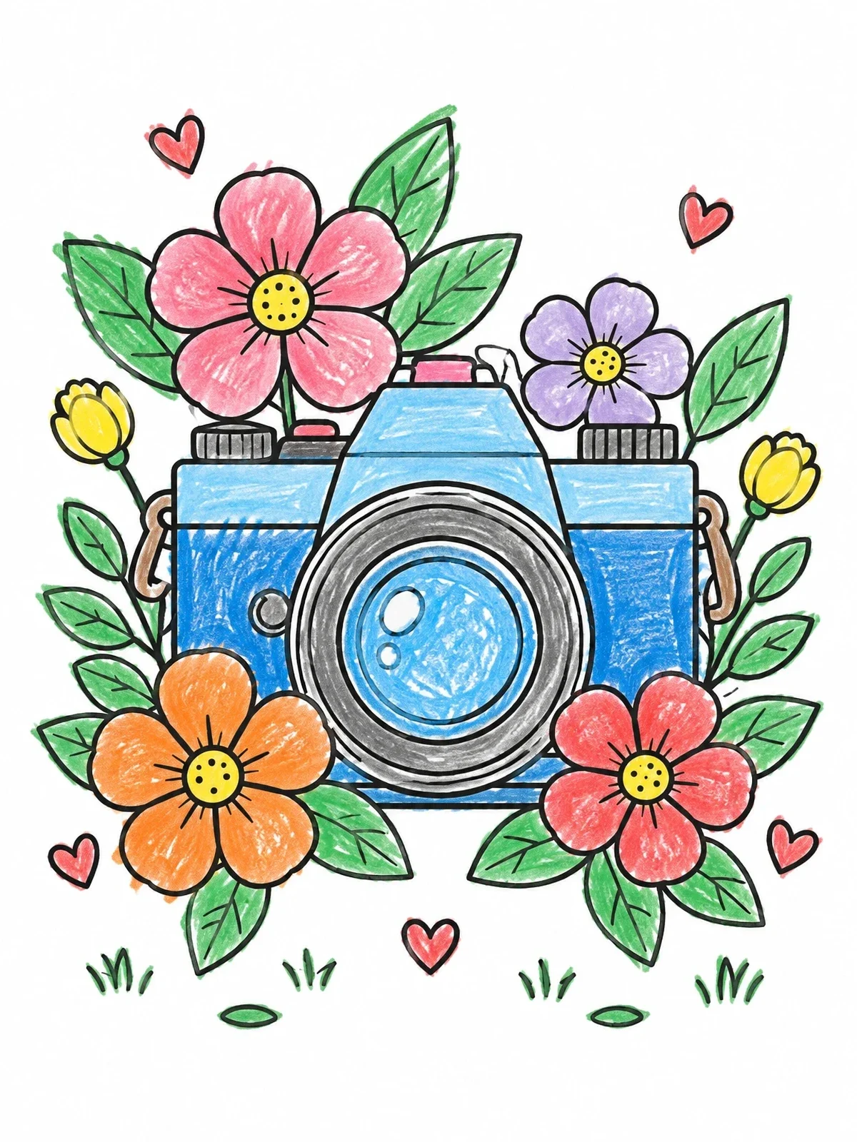 Colored example of the Vintage Camera In Flower Bloom coloring page