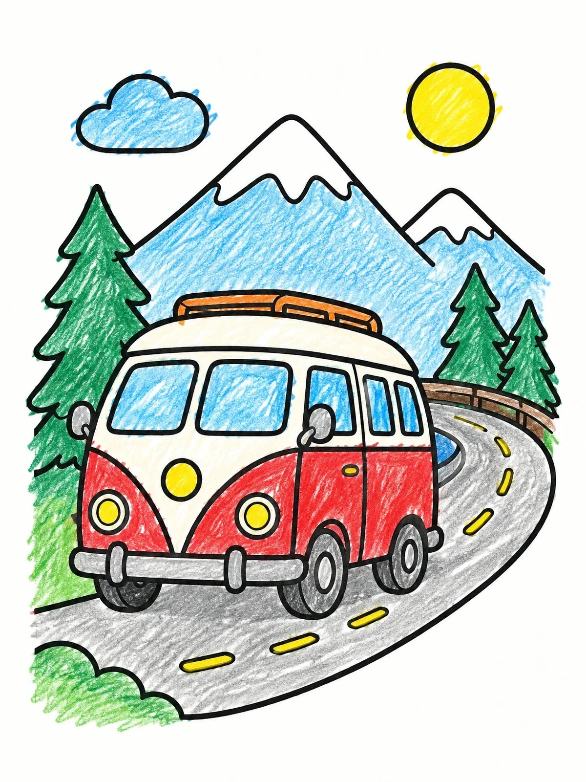 Colored example of the Vintage Camper Bus Mountain Drive coloring page