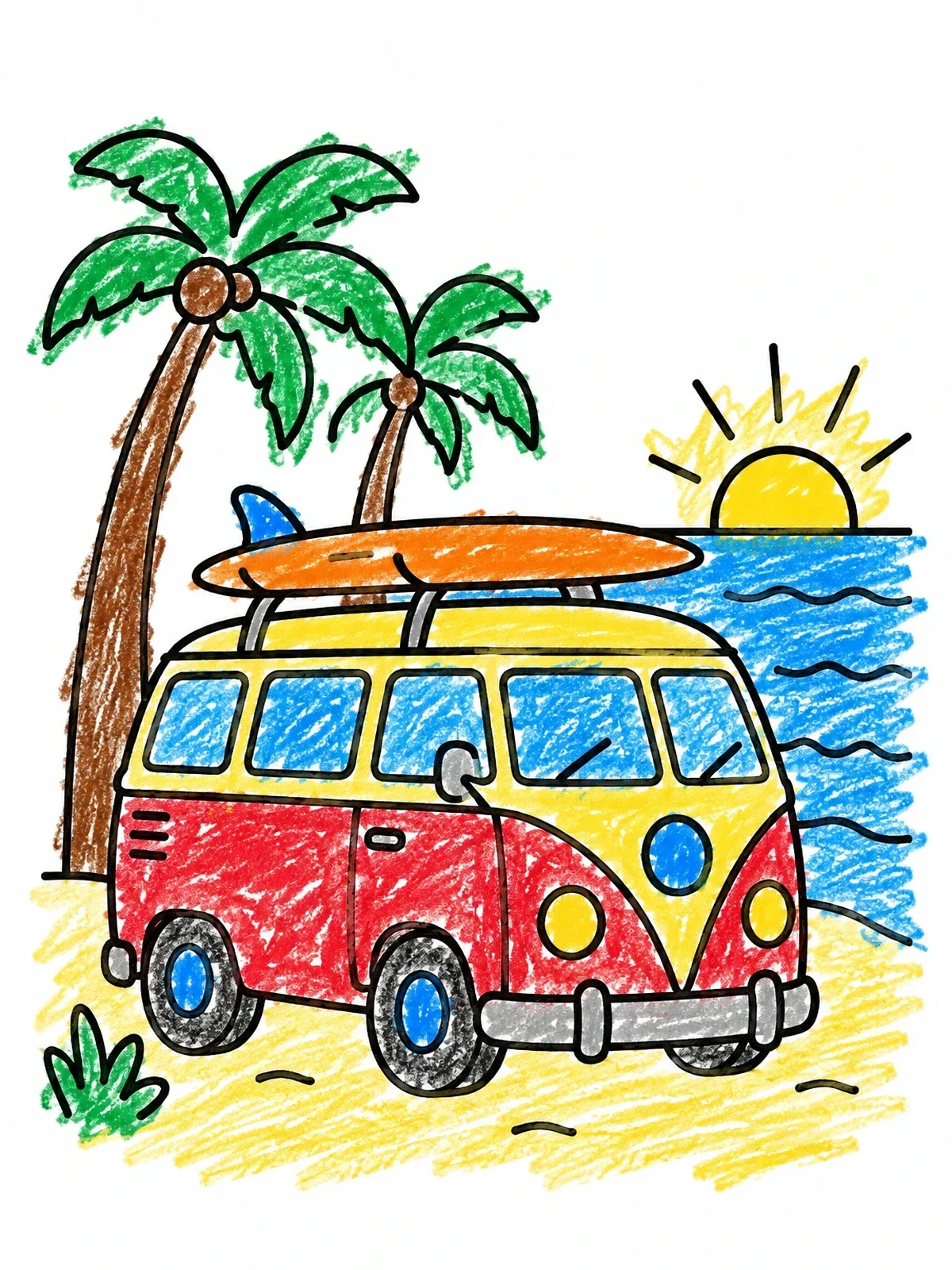 Colored example of the Camper Van At The Beach coloring page