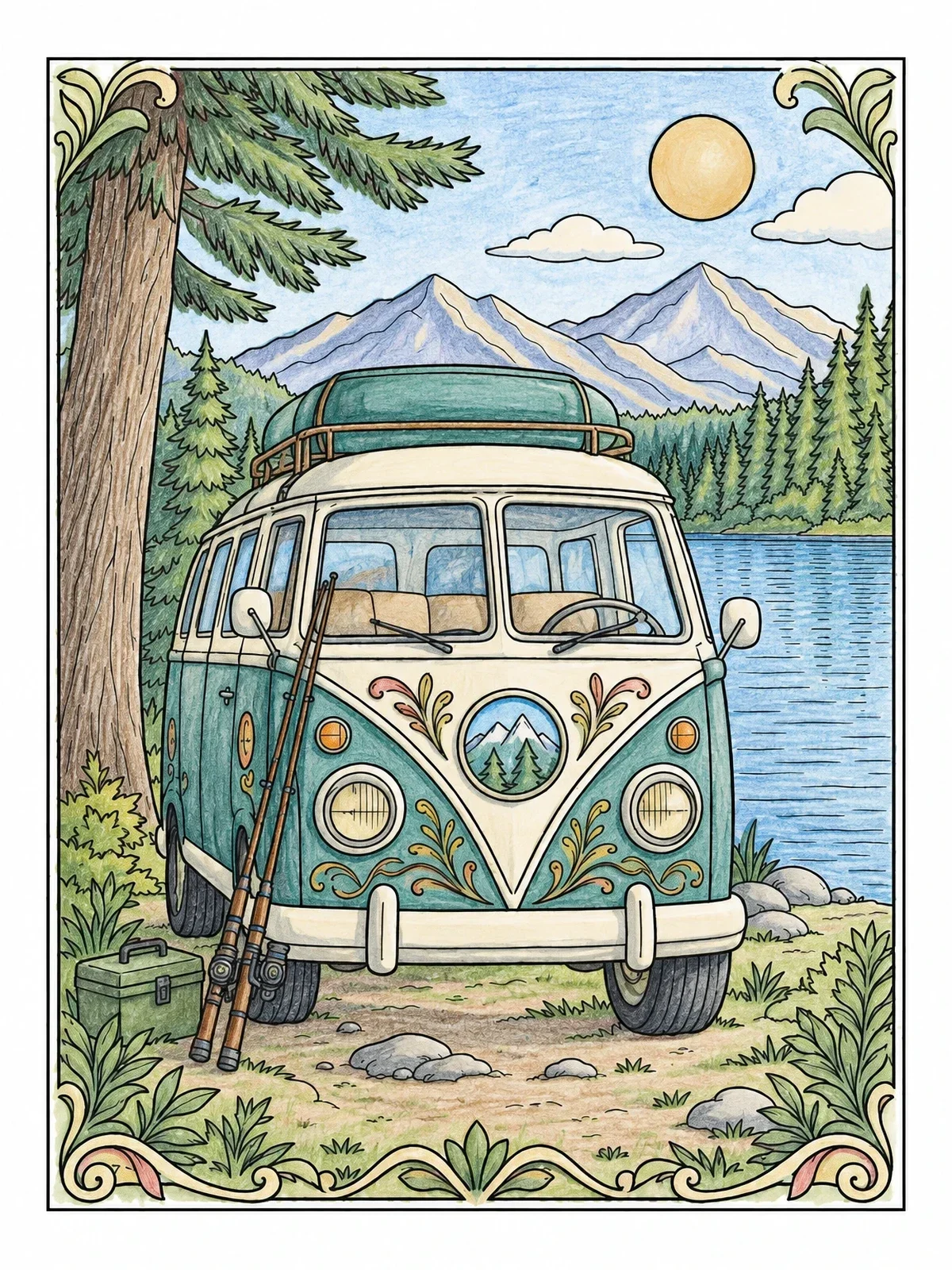 Colored example of the Vintage Camper Van By The Lake coloring page