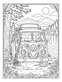 Free printable Vintage Camper Van By The Lake coloring page