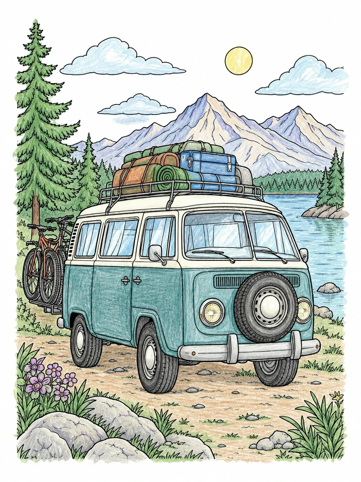 Colored example of the Vintage Camper Van Mountain Adventure coloring page