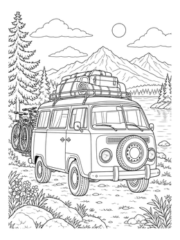 Free printable Vintage Camper Van Mountain Adventure coloring page
