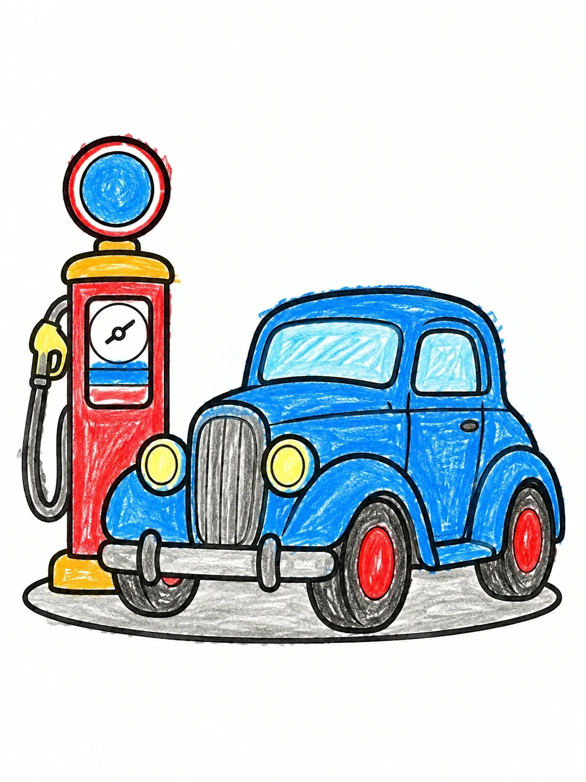 Colored example of the Vintage Car And Retro Gas Pump coloring page