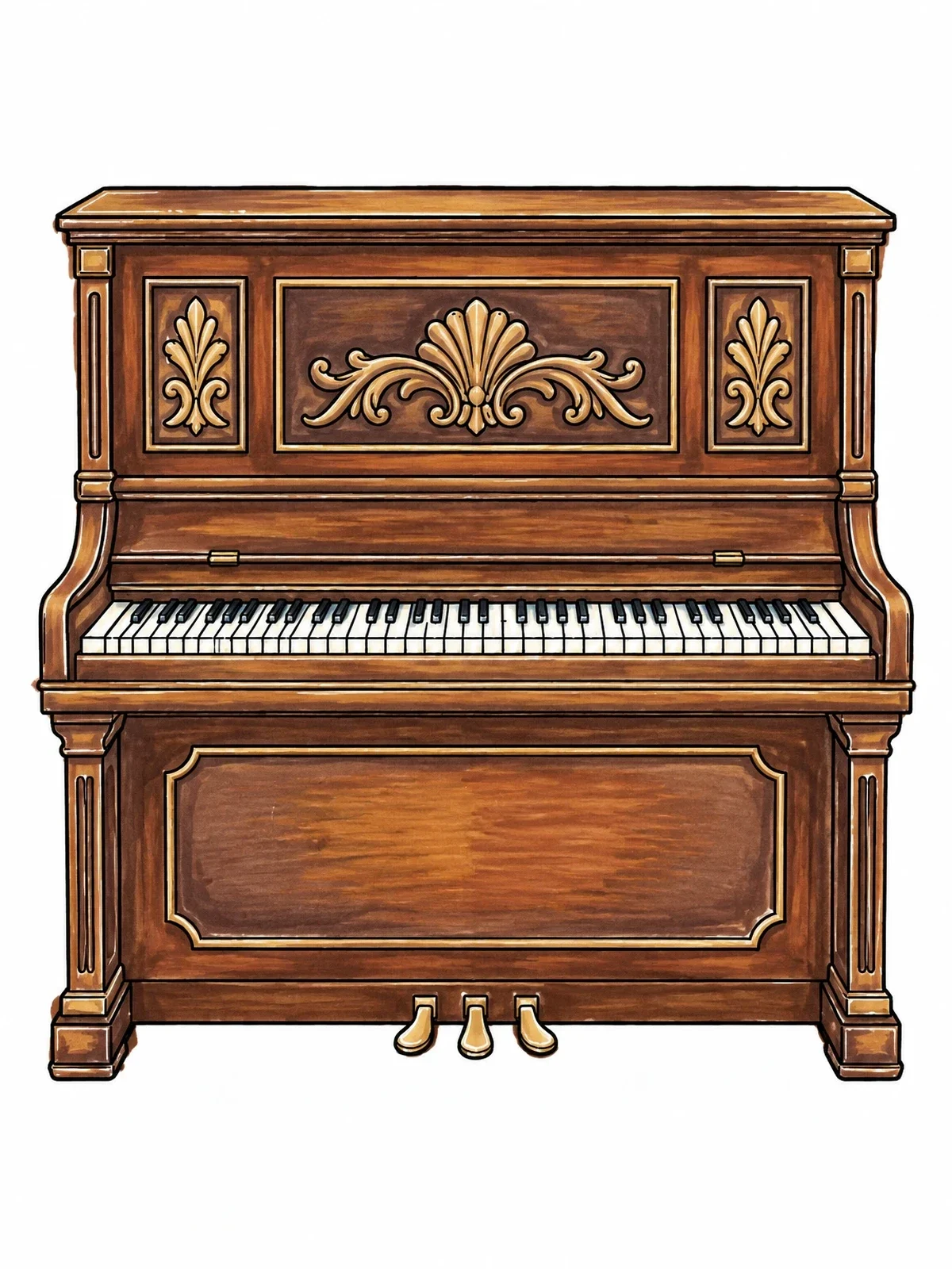Colored example of the Vintage Carved Upright Piano coloring page