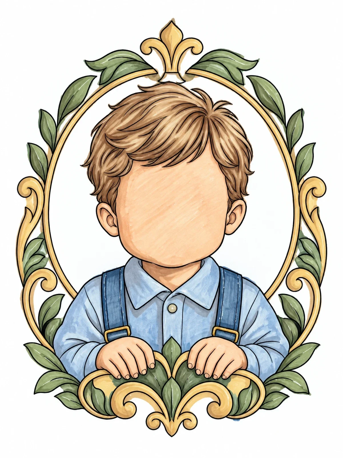 Colored example of the Vintage Child Portrait Blank Face Template coloring page