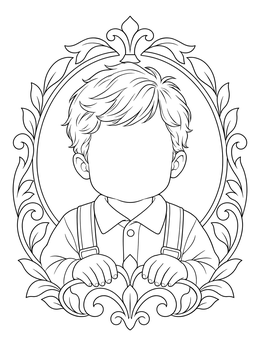 An ornate framed toddler in this blank faces coloring page.