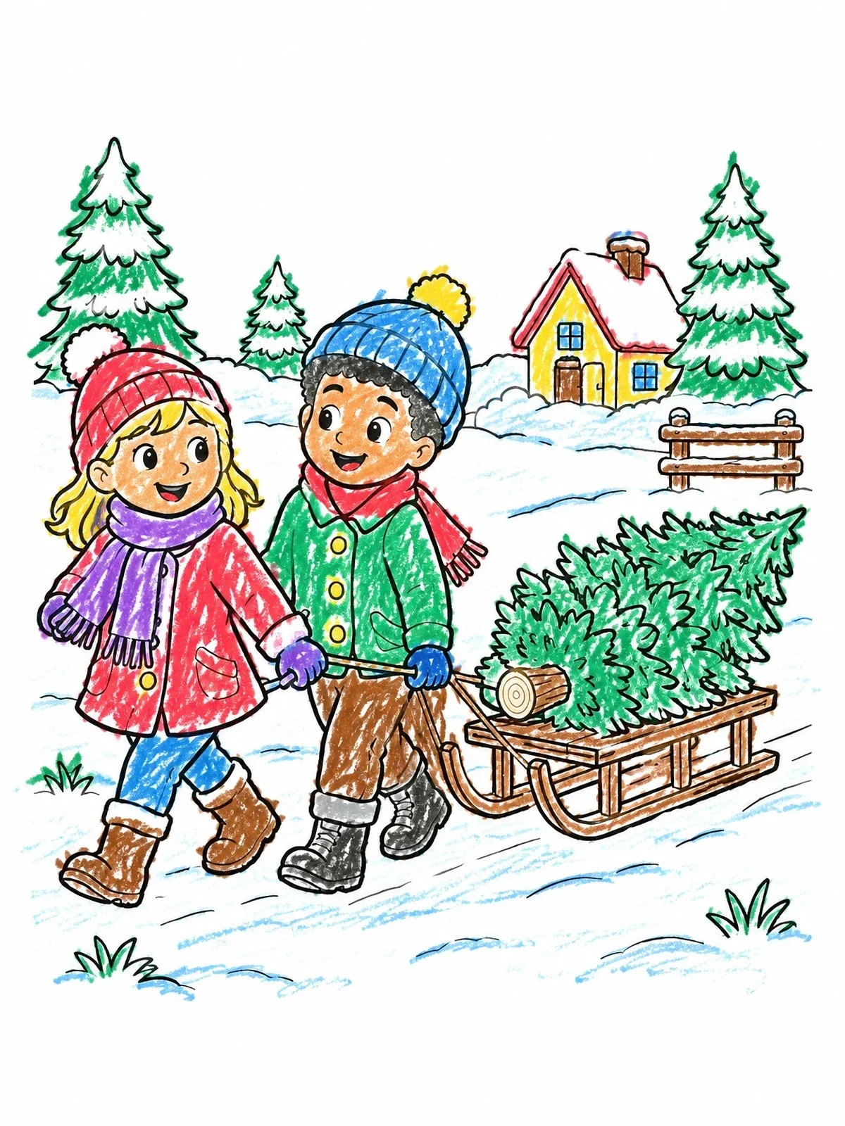 Colored example of the Children Pulling Christmas Tree On Sled coloring page