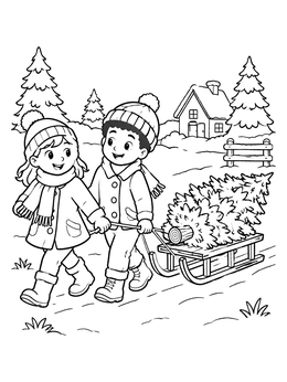 Free printable Children Pulling Christmas Tree On Sled coloring page