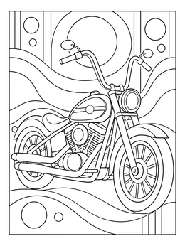 A retro motorcycle coloring page featuring high handlebars and an abstract wavy background.