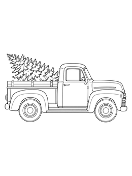 A classic christmas truck coloring page carrying a pine tree in the truck bed.