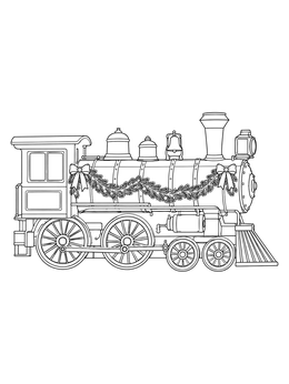 A vintage steam locomotive decorated with garland on this christmas train coloring page.
