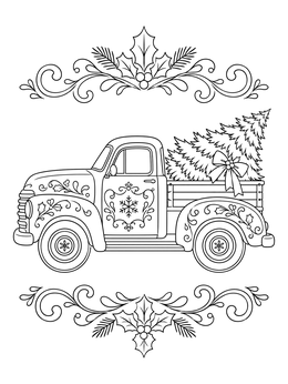 A vintage christmas truck coloring page carrying a pine tree with decorative borders.