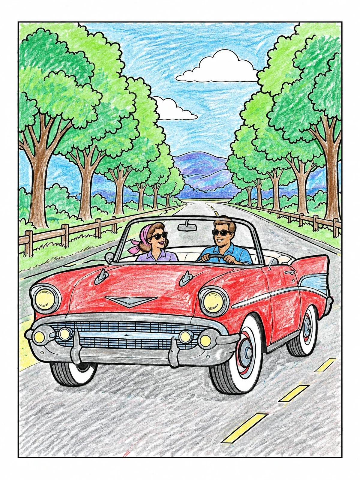 Colored example of the Classic Convertible On Tree Lined Road coloring page