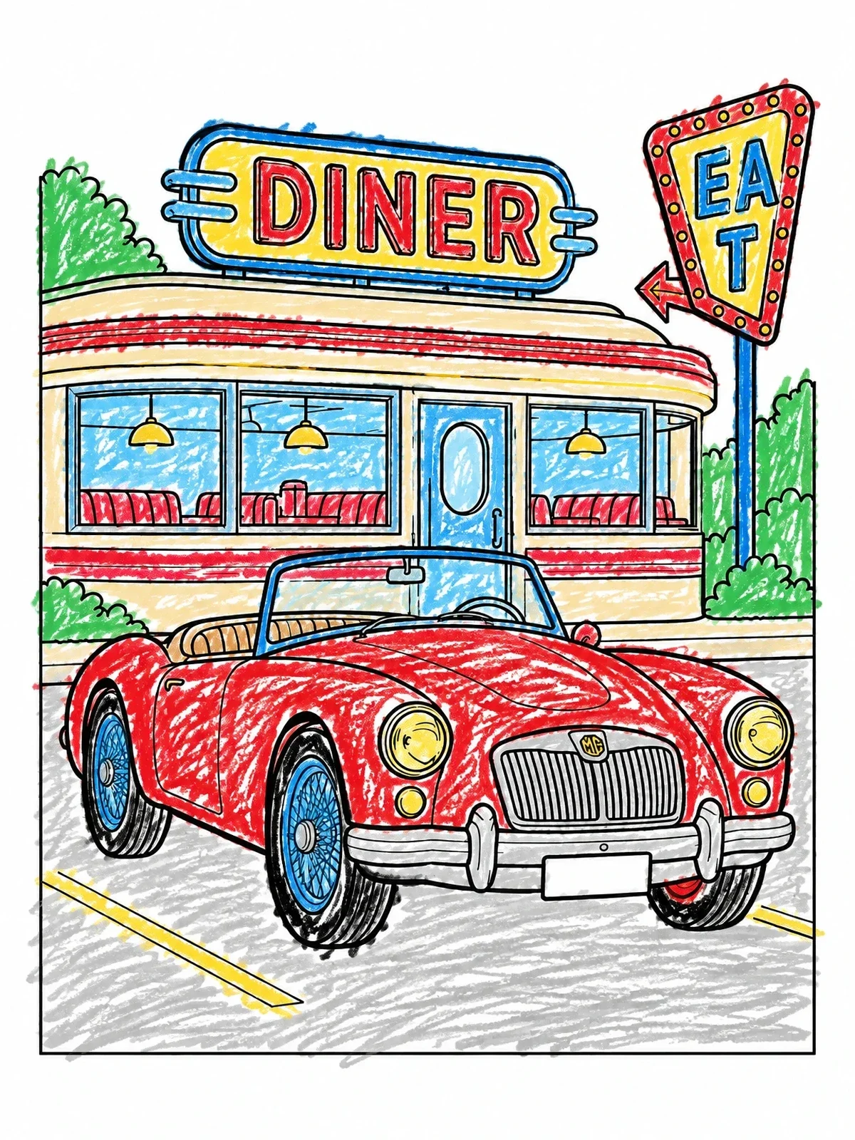 Colored example of the Classic Roadster At Retro Diner coloring page