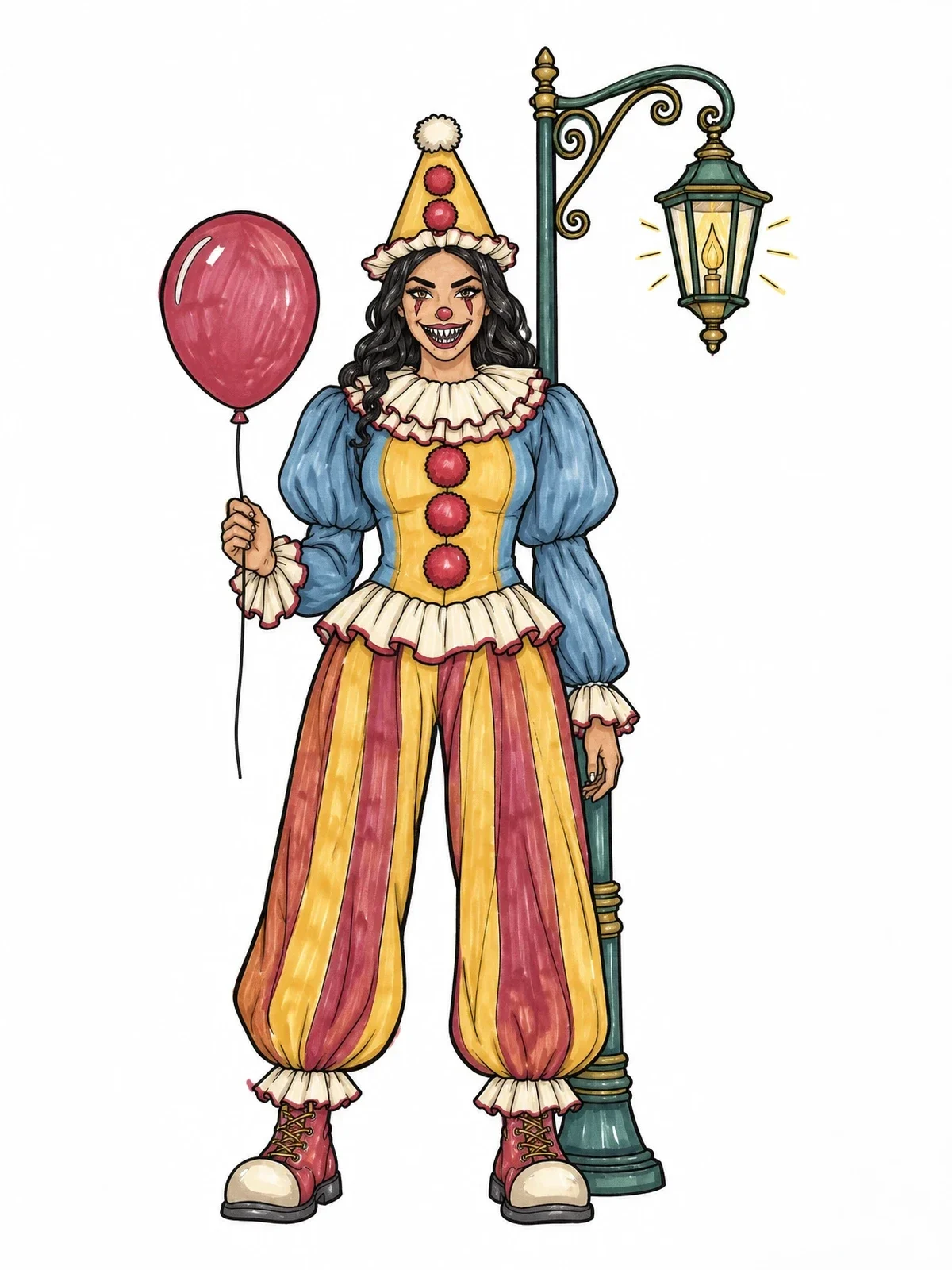 Colored example of the Vintage Clown Under Street Lamp coloring page
