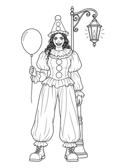 A smiling circus figure holding a balloon beside a vintage lantern in this clown coloring page.