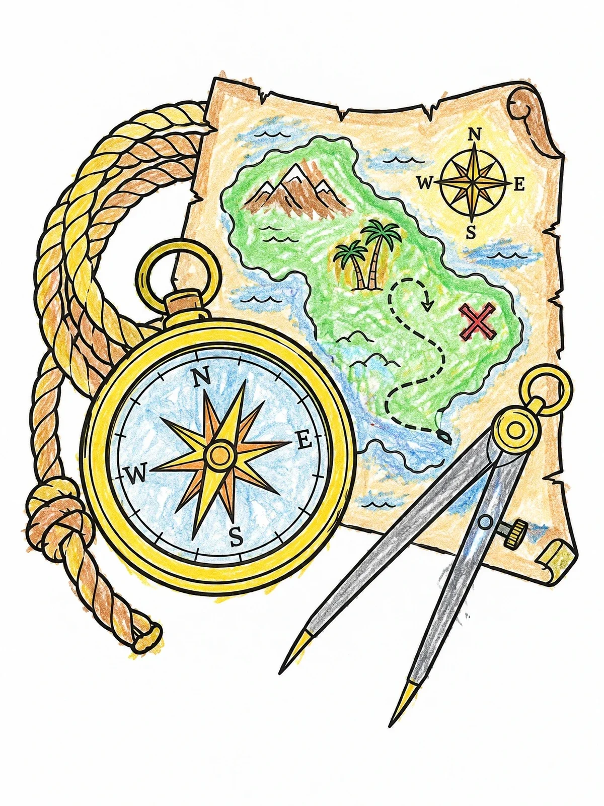 Colored example of the Vintage Compass And Treasure Map coloring page