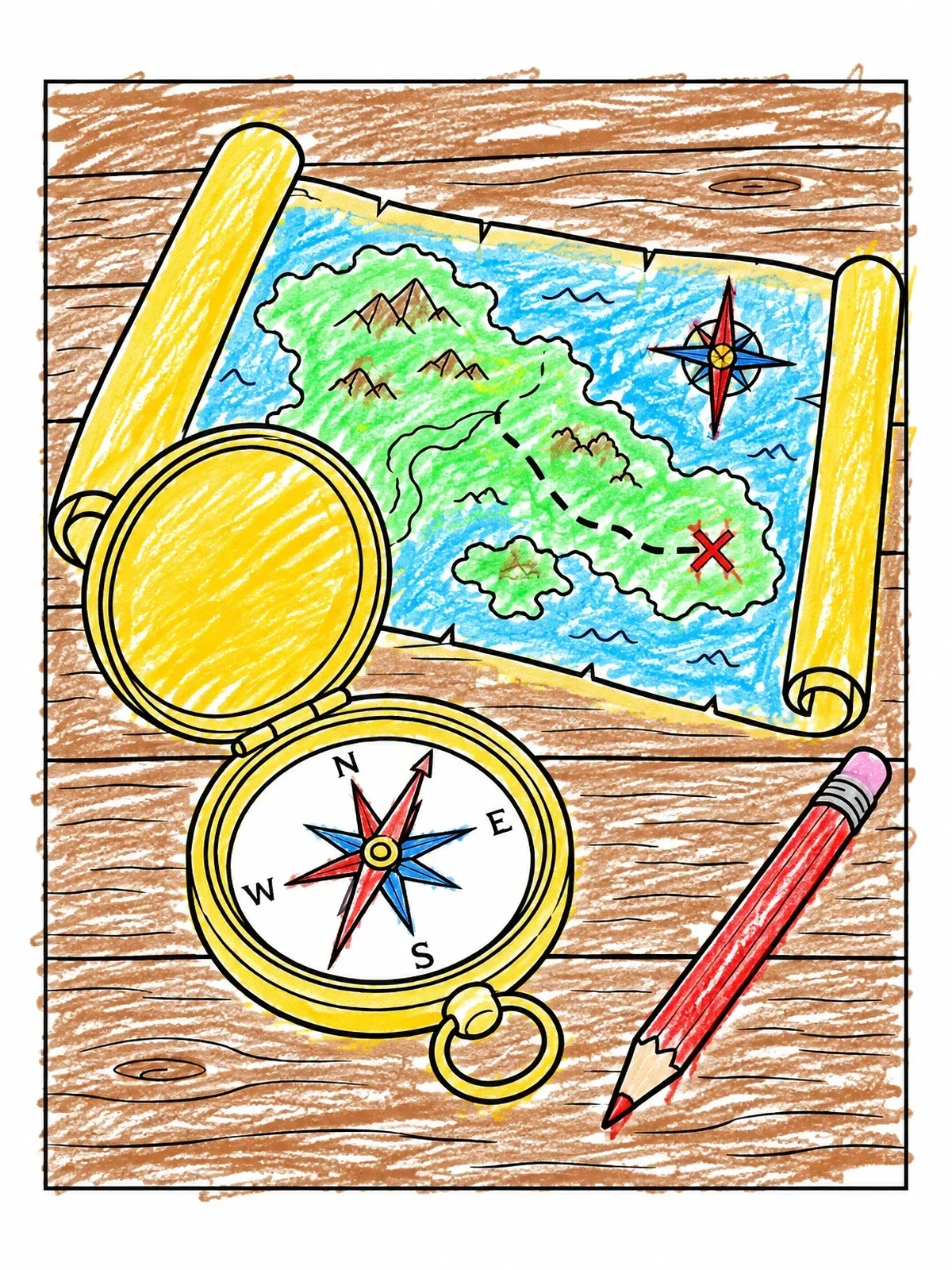 Colored example of the Vintage Compass And Treasure Map coloring page