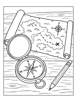 An open compass coloring page with a scroll map and pencil on wood.